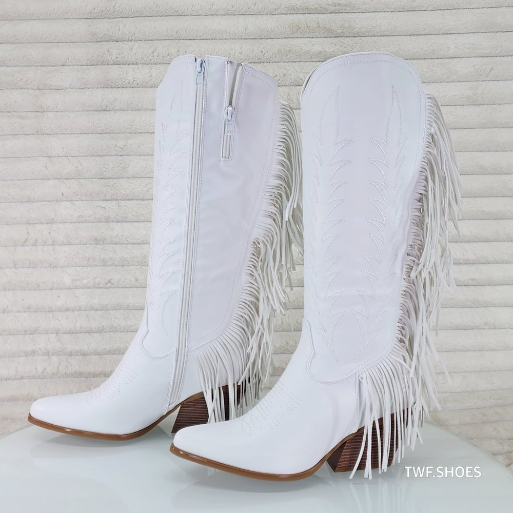 Dusty Roads Bright White Back Fringe Cowboy Western Cowgirl Boots Tuck Zipper - Picture 6 of 13